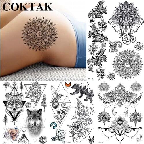 Sexy Hip Women Mandala Flower Bohemia Temporary Tattoos Fake Butterfly Black Henna Floral Tattoo Sticker Girls India Lace Tatoos