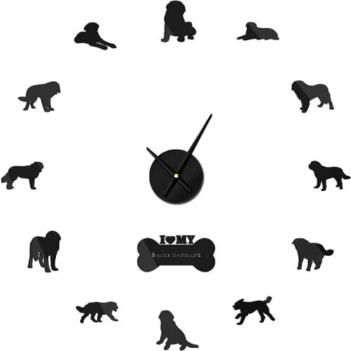 Saint Bernard Dog Self Adhesive DIY 3D Wall Clock Alpine Mastiff Quartz Acrylic Mirror St. Bernard Doggie Pet Big Needles Saat