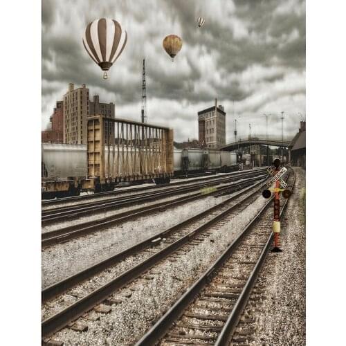 TR Vinyl cloth printing vintage train track photography backdrop air balloons city scenic photography background for photo props