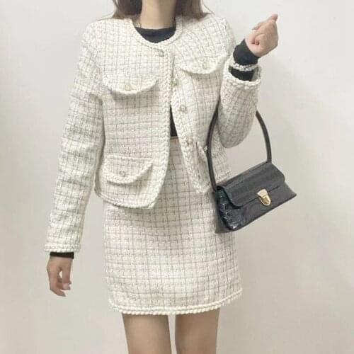 High-quality Autumn And Winter Womens Two-piece Set Korean Style Tweed Jacket + High-waist Mini Skirt Festival Clothing