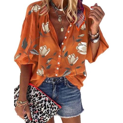 Women Shirt Flower Print Stand Collar Casual Long Sleeve Loose Blouse for Party Shirt Blouses Ladies Clothing 2021