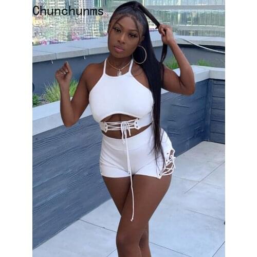 Women Solid Sexy 2 Piece Set Lace-Up Backless Crop Top and Bandage Biker Shorts 2021 Summer Beachwear Fashion Casual Streetwear