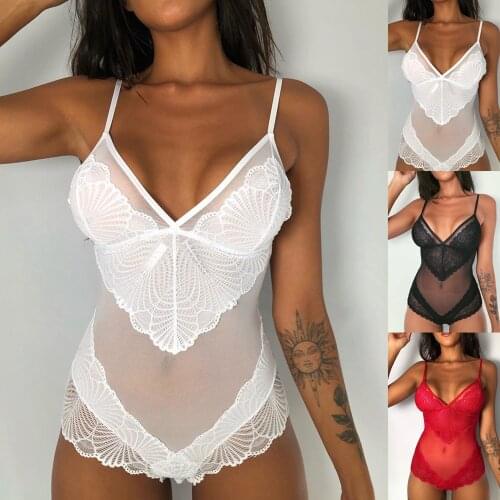 Womens Sexy Lingerie Set Sleeveless Deep V-Neck Lace Ruffles See-Through Bodysuit Nightwear Womens Underwear Erotic Costumes