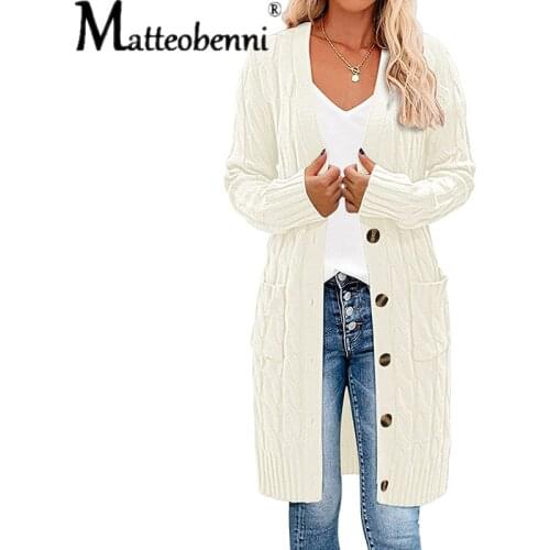 Women Knitted Cardigans Maxi Sweater Fashion Autumn Long Sleeve Loose Coat Casual Button Thick V Neck Solid Female Tops 2021