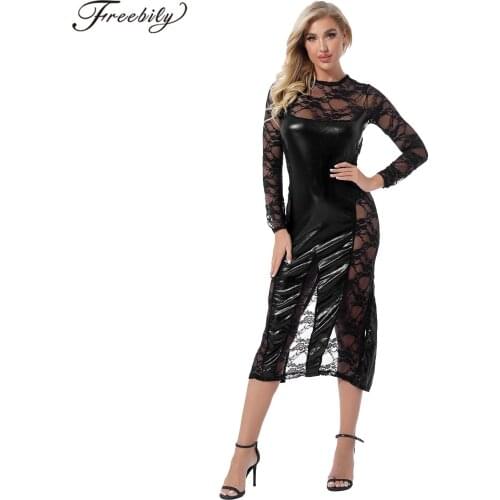 Women See-Through Embroidered Lace Soft Leather Patchwork Split Long Dress with G-String Briefs Set Sleeping Nightwear Underwear