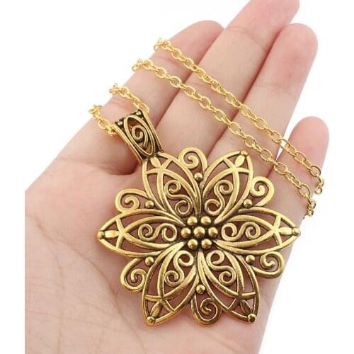 1pcs Necklace Plated Gold Color Tibetan Flower Charms Pendant Chain Necklace For Women Jewelry Gifts Bohemian Jewelry