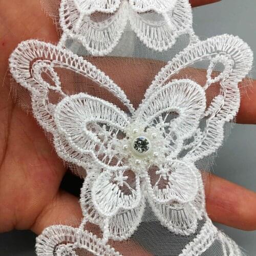 1yd 3D Diamond Butterfly Flower Embroidered Lace Trim Applique Trimmings Tulle Ribbon Fabric Wedding Dress Veil Sewing Craft