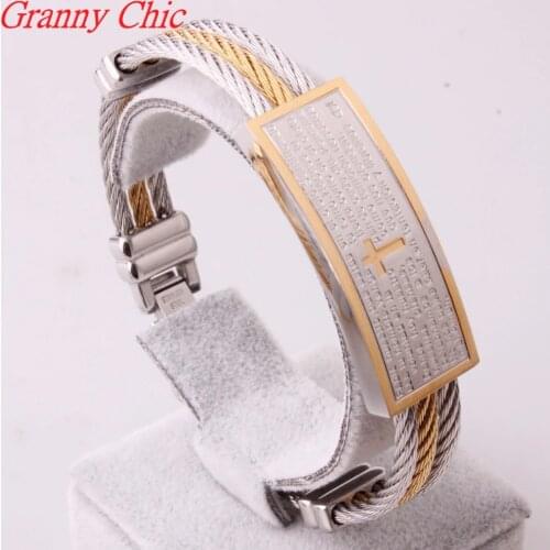 Granny Chic 16mm 316L Stainless Steel Spanish Bible Cross Cable Wire Bracelet/Bangles,Women/Men Loves Cuff Jewelry Best Gift