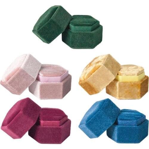 Hexagon Shape Velvet Jewelry Box 5 Color Double Ring Storage Case Wedding Ring Display For Woman Gift Earrings Package