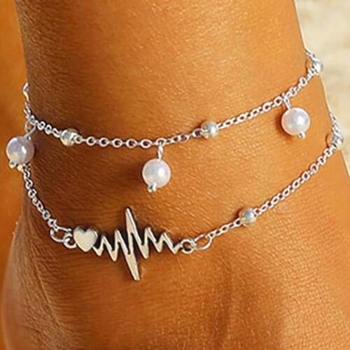 Ankle Chain Women Multilayer Faux Pearl ECG Heart Dangle Alloy Anklet Foot Chain Bracelet Bohemia Summer Beach Foot Jewelry