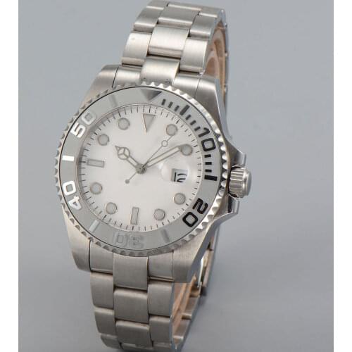 40MM White Sterile Dial Sapphire Glass Brushed Ceramic Bezel Date nh35 Glass Case Back MIYOTA 8215 Automatic Mens Wristwatch