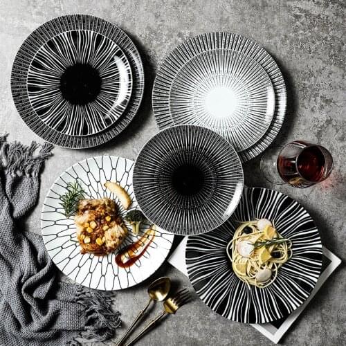 Western style black and white line pasta steak special plate ceramic tableware for Restaurant dinner plates