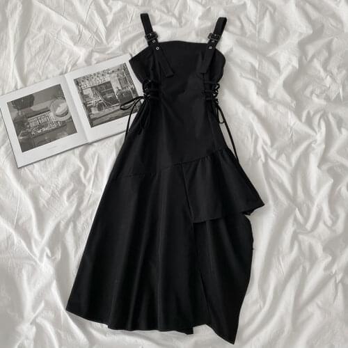 Black Spaghetti Strap Dress Gothic Woman Clothes 2021 Summer Elegant Sexy Irregular Long Dress Korean Style Clothes New AA5654