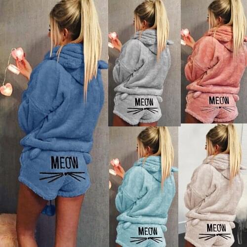 Women Pajamas Sets Hoodies Pants Suits Winter Cat Meow FLeece Soft Sleepwear Two Piece Set Cute Plush Female Homewear Suits
