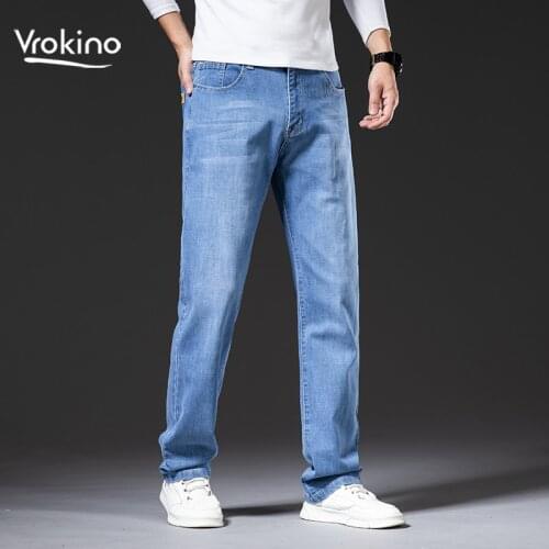 XL 42 44 46 Mens classic light blue jeans Mens business casual straight loose stretch jeans Brand clothing