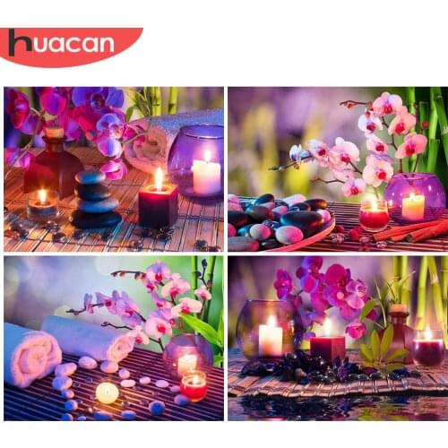 HUACAN 5D DIY Diamond Painting Orchid Candle Stone Full Drill Cross Stitch Diamond Embroidery Flower Handicraft Decor For Home