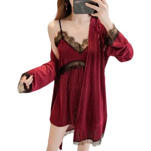 2Pcs Sexy Women Autumn and winter womens high-grade gold velvet sexy lace strap nightdress nightgown two piece suit