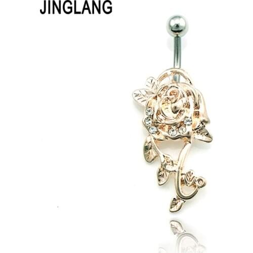 Fashion Belly Button Rings Surgical Steel Barbell Gold Color White Rhinestone Rose Navel Body Piercing Jewelry