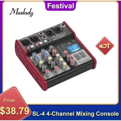 Muslady SL-4 Compact Size 4-Channel Mixing Console Mixer 2-band EQ Built-in 48V Phantom Power Supports BT Connection USB