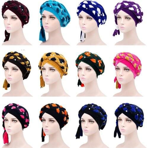 Muslim Women Double Color Beads Braid Cross Velvet Turban Hat Scarf Cancer Chemo Beanie Cap Hijab Headwear Head Wrap Accessories