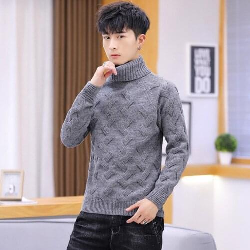 Korean Style Men Turtleneck Sweaters 2021New Solid Color Autumn Winter Fashion Slim Fit Knitted Pullovers Casual High Neck Tops