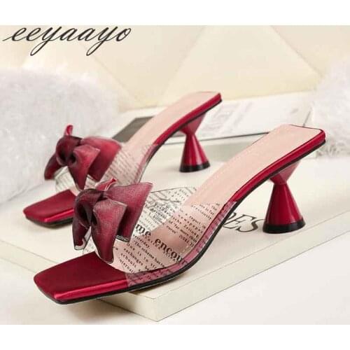 2019 New Summer Women Mules Slippers High Spike Heel Butterfly-Knot Sweet Fashion Women Shoes Wine Red Outside Female Slippers