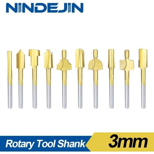 NINDEJIN 10pcs HSS Router Bit Set Wood Cutter Milling Fits Titanium Coated 1/8" Shank Dremel Accessory Carpenter Rotary Tools