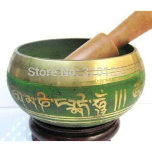 Nepalese Tibet Copper Crafted Gold Gilt Large Chakra Singing Bowl Meditation GREEN 89mm Diameter Wholesale brass Bowls