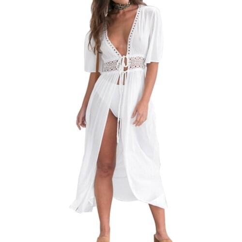 Sexy Women Dresses Swimwear Solid Color Hollow Smock Long Bikini Cover Up Lacing Cardigan Beachwear White Black Swim Long Dress