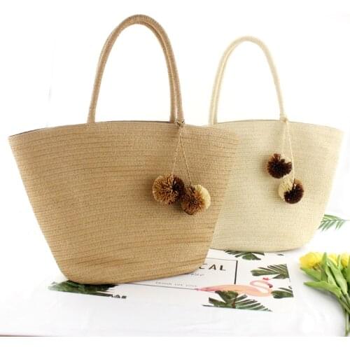 Rattan colored hair ball wild straw bag shoulder bag grass woven beach vacation bag female casual shopping big bag