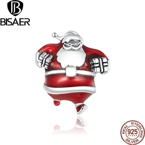 BISAER Lucky 925 Sterling Silver Santa Claus Beads Christmas Happy Charms for Jewelry Making DIY Accessories Gift ECC1664