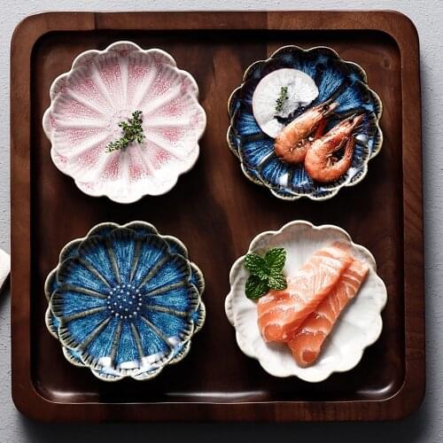 Drop 1PCS Japanese Ceramic Sushi Sauce Plate Snack Plate Lotus-Shaped Porcelain Kiln Glazed Fruit Cake Party Decoration Plates
