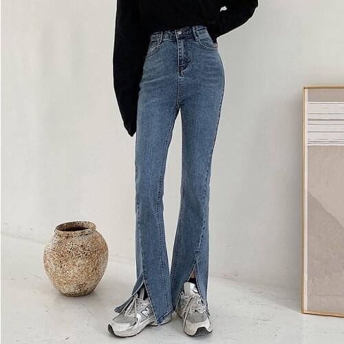 Streetwear Split Jeans 2021 High Quality Stylish Chic High Waist Long Flare Jeans Women Casual Plus SIze Denim Pants