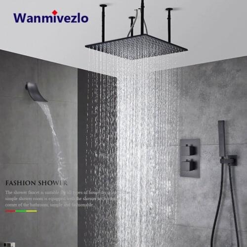 Thermostatic Bathroom Shower Faucet Set 50cm/20inch Rainfall Shower Head Square Handles Mixer Valve Waterfall Spout Shower Tap