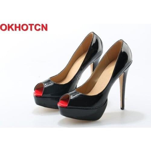 Nude Black Patent Leather Peep Toe Shoes Woman Platform Super High Heels Open Toe Sexy Dress Party Shoes Customize Women Pumps