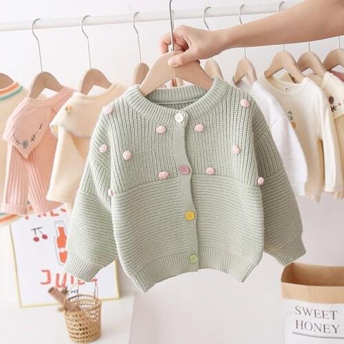 Toddler Baby Girl Knitting Cardigan Kids Fall Sweaters Round Neck Long-Sleeve Casual Plush Balls Elastic Buttons 2020 Winter
