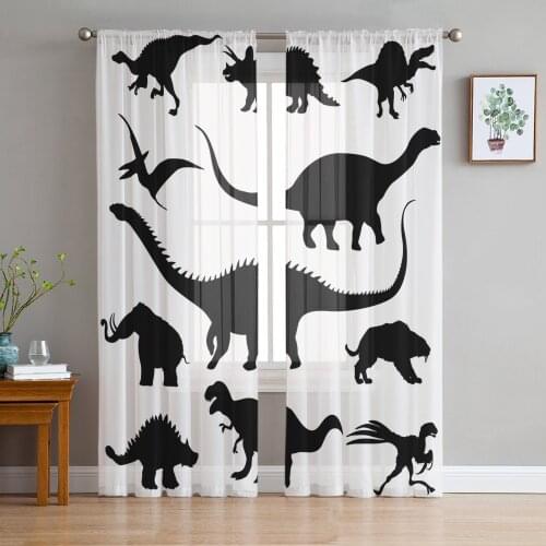 Dinosaur Silhouette Black White Sheer Curtains for Living Room Modern Voile Curtain Bedroom Tulle Curtains Window Drapes Decor