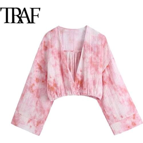 TRAF Women Fashion Tie-dye Print Cropped Blouses Vintage Long Sleeve Elastic Hem Female Shirts Blusas Chic Tops