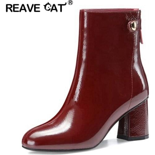 REAVE CAT Women Genuine Leather Square Heel Ankle Boots Round Toe Patent Leather Zip Designer Brand Big Size 42 Black Red S2310