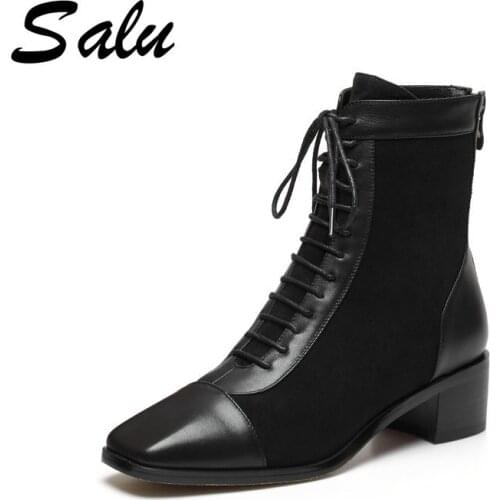 Salu 2020 New arrival fashion women brand high heel boots genuine leather boots med heels round toe ankle boots platform
