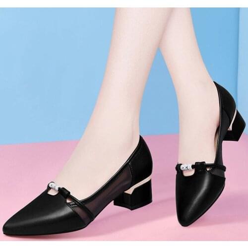 2021 Summer Women Dress Shoes Med Heels Mesh Pumps Pointed Toe Boat Shoes Cut-Outs Breathable Ladies Wedding Shoes Sandals 9192N