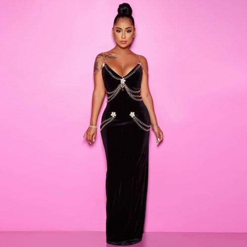 2020 New Fashion Solid Floor-Length Bandage Dress Sheath Black Sexy Celebrity Crystal Chain Bandage Dress Bodycon Party Dress
