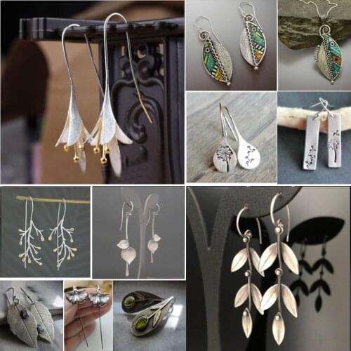 Antique Vintage Leaf Stone Earrings for Women Silver Color Boho Ethnic Tribal Leaf Branch Tree Flower Dandelion Dangle Earrings