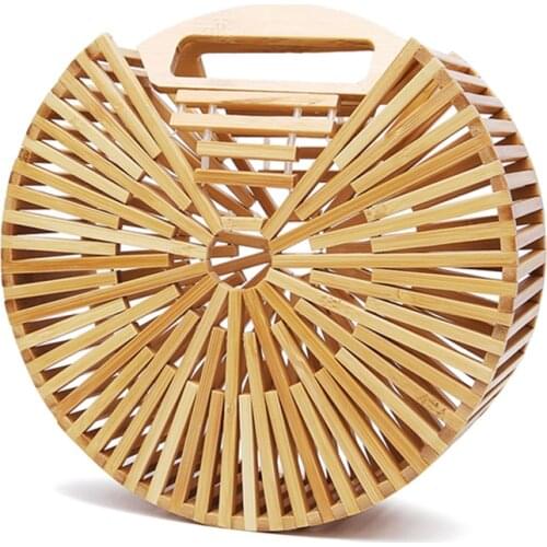 Bamboo Round Handbags for Women 2021 Hollow Out Summer Beach Bags Handmade Ladies Luxury Designer Tote Bag