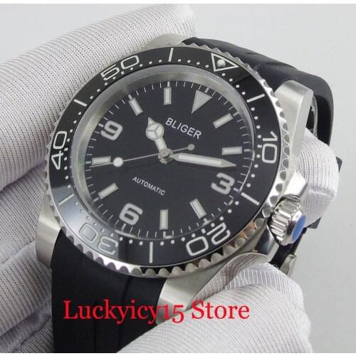 BLIGER Logo/Nologo Mens Watch With Automatic Movement 40mm Rubber Strap Auto Date Wristwatch