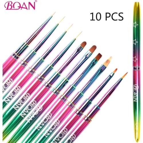 BQAN 10 PCS Multicolor Nail Art Brush UV Gel Extension Brush Metal Handle Liner Painting Brush Liner Drawing Nail Brushes