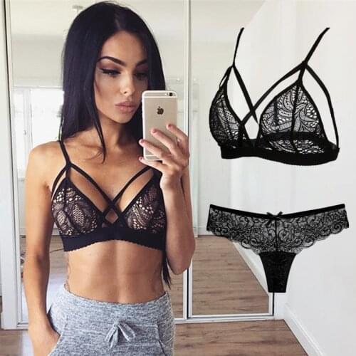 Bra G-String Suit Womens Sexy Lingerie Briefs Crossing Bandage Lace Bra Set Top Seamless Black Bralette Wireless bustier Tank