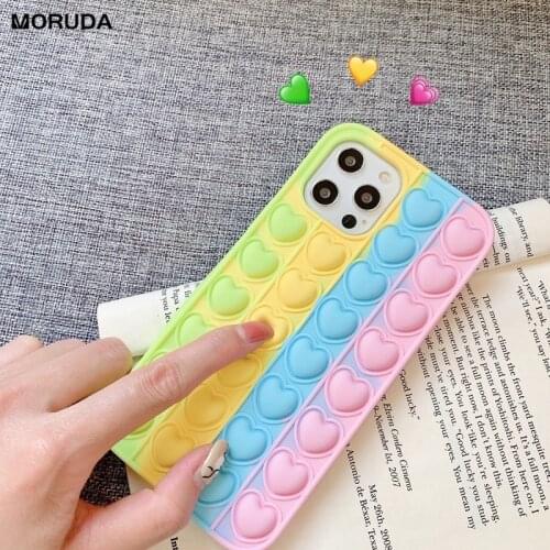 Love Heart Fidget Reliver Stress Phone Case for iPhone 11 Pro Max 12 Mini X Xs Xr 6 6s 7 8 Plus Bubble Sensory Silicone Cover