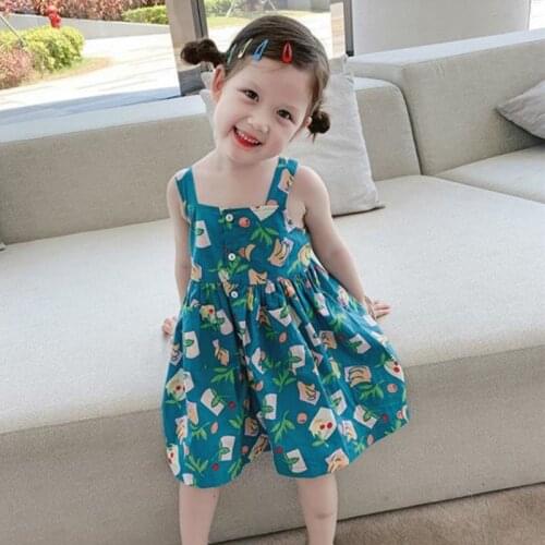 Cultiseed Baby Children Girls Cute Sweet Cartoon Print Spaghetti Strap Dress Clothes Kids Holiday Casual Sleeveless Gowns