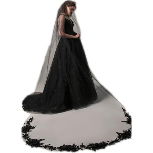 Black One Layer Cathedral Wedding Veil Floral Appliques Exquisite Custom Made 3M Beautiful Long Bridal Veils Soft Tulle